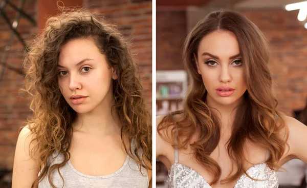 Transformar Las Mujeres Jóvenes Usando Maquillaje Peinados —  Fotos de Stock