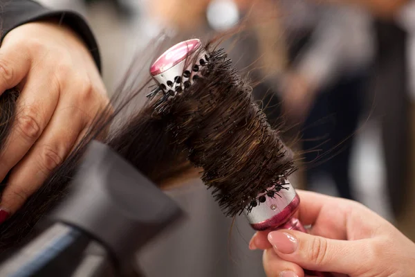 Hairdresser Makes Curls Hairdryer Brush — Stock Photo, Image