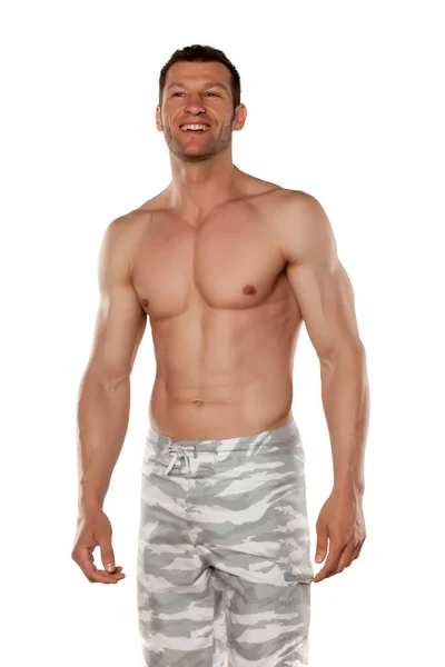 Smiling Half Naked Handsome Muscular Young Man Posing White Background — Stock Photo, Image