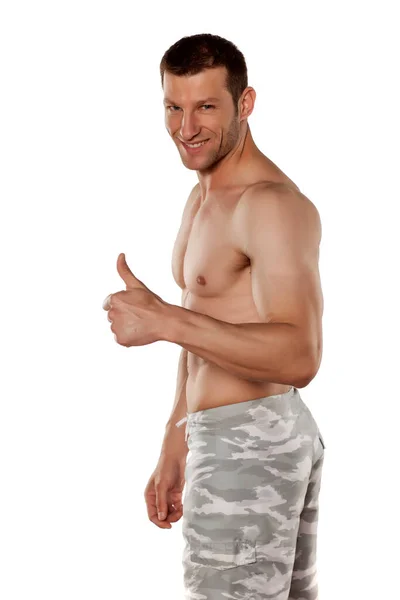 Half Naked Handsome Muscular Young Man Posing White Background Showing — Stock Photo, Image