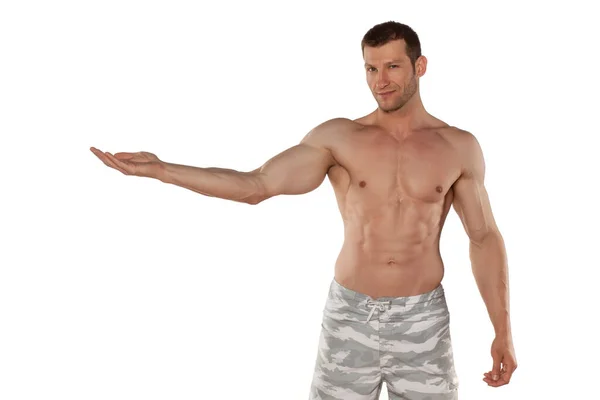 Half Naked Handsome Muscular Young Man Holding Imaginary Object White — Stock Photo, Image
