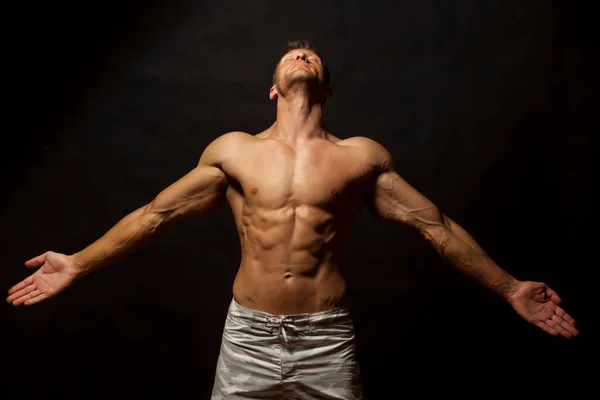 Half Naked Handsome Muscular Young Man Posing Dark Background — Stock Photo, Image