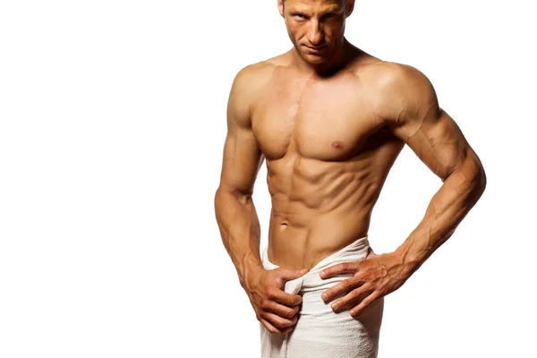 Half Naked Handsome Muscular Young Man Towel His Waist Posing — Stock Photo, Image