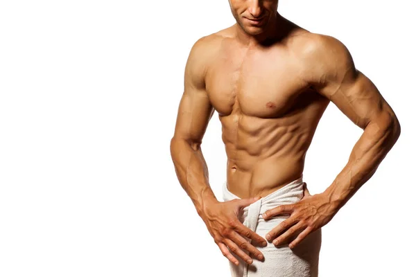 Half Naked Handsome Muscular Young Man Towel His Waist Posing — Stock Photo, Image