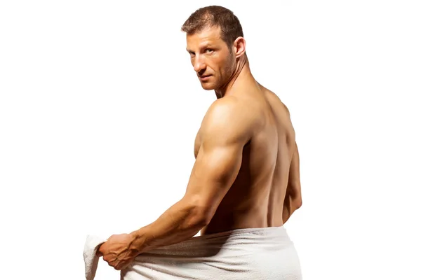 Half Naked Handsome Muscular Young Man Towel His Waist Posing — Stock Photo, Image