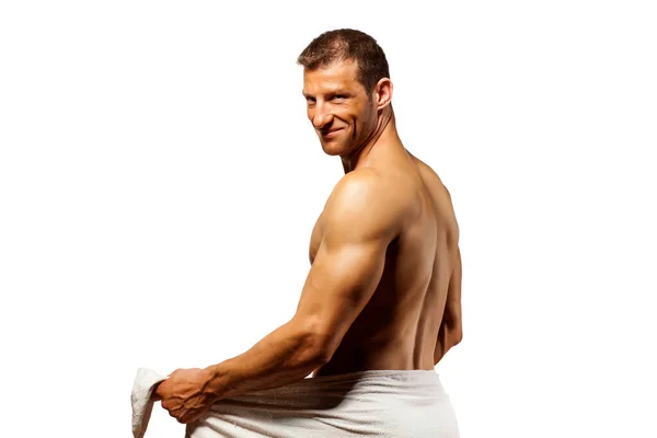 Half Naked Handsome Muscular Young Man Towel His Waist Posing — Stock Photo, Image