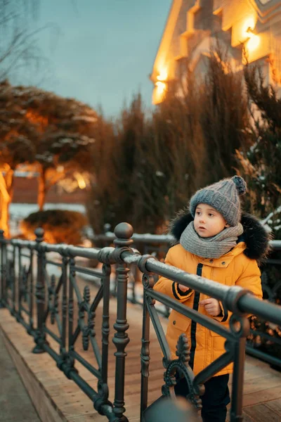 Мальчик Смотрит Сторону Стоя Маленьком Мосту Улице Зимой Стоковое Изображение
