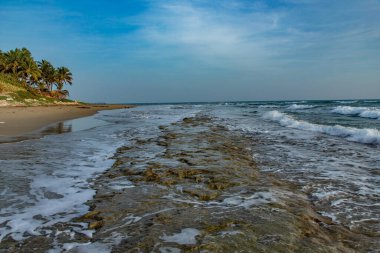 Seascape horizon with rocks in the water and ocean waves at sunrise on Cabarete beach, Dominican Republic