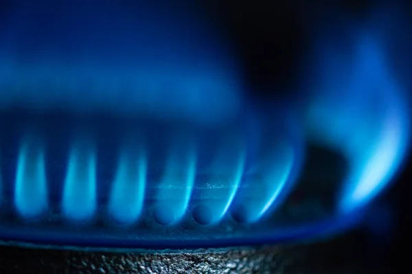 Una imagen macro de una llama azul borrosa en el quemador de la estufa de gas . — Foto de Stock