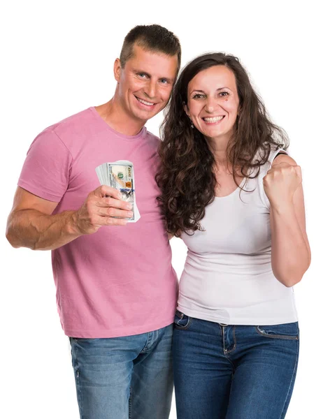 Smiling happy couple holding dollar cash money — Stock Photo, Image