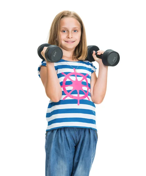 Retrato de menina feliz com halteres — Fotografia de Stock