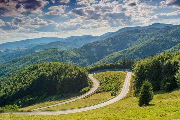 Летний живописный вид на горы и дорогу — стоковое фото