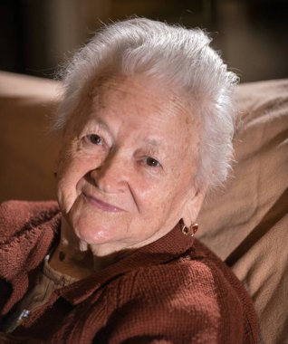 Gülümseyen gri saçlı yaşlı kadın portresi