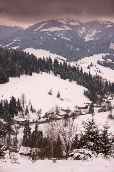 Zimní horské vesnice krajiny sněhu a domy. — Stock fotografie