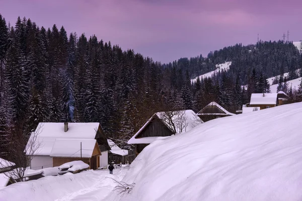 Winter mountain village landscape with snow and houses