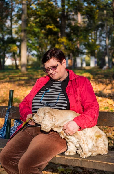 Frau mit amerikanischem Spaniel sitzt auf der Bank — Stockfoto