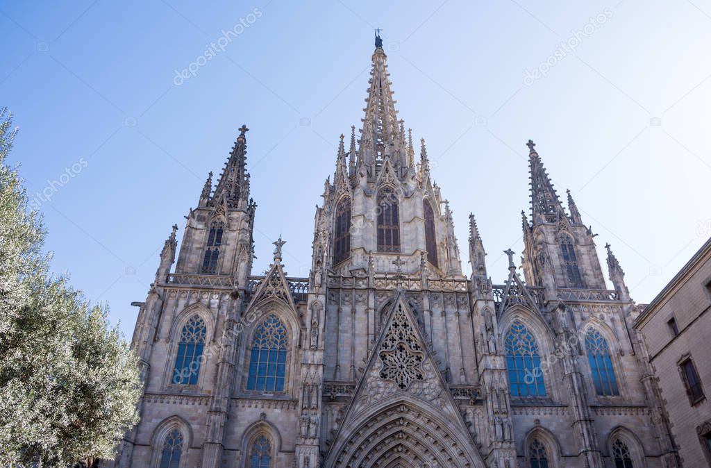 Close up of the Gothic Cathedral of the Holy Cross and Saint Eul