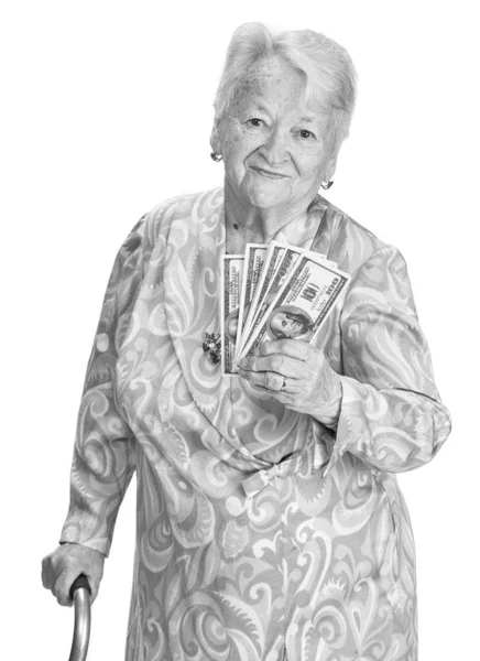 Porträtt av en gammal kvinna med käpp och hålla pengar i handen — Stockfoto