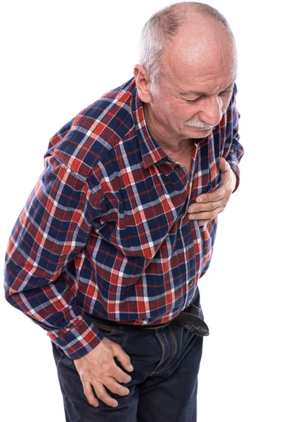 Atención médica, dolor, estrés y concepto de edad. Anciano teniendo una h — Foto de Stock