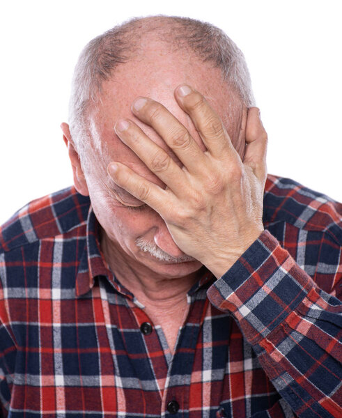 Healthcare, pain, stress and age concept. Sick old man. Senior m