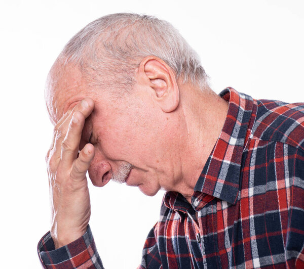 Healthcare, pain, stress and age concept. Sick old man. Senior m