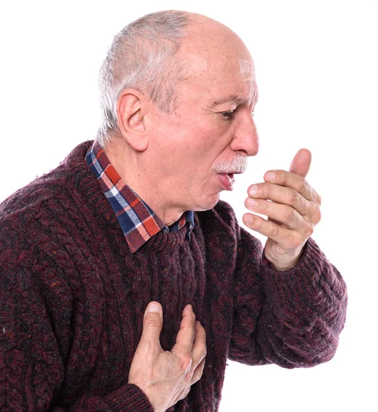 Senior man coughing and suffering from chest pain isolated on wh Stock Photo