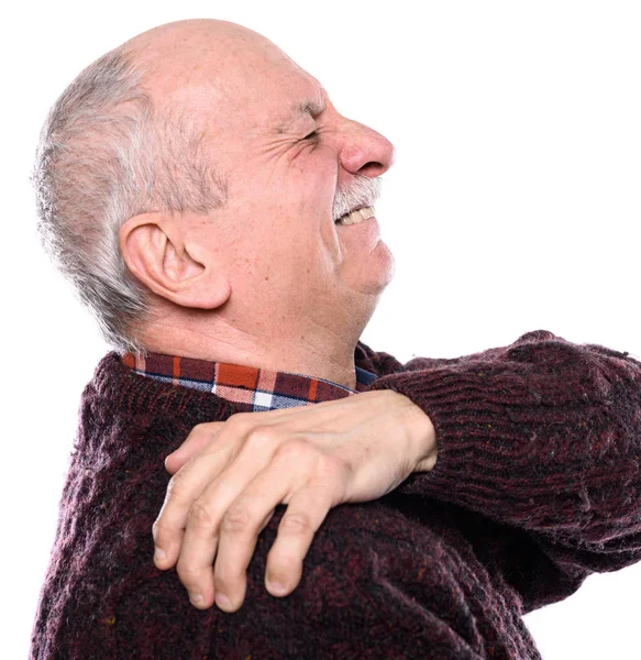 Concetto Sanitario Infelice Uomo Anziano Che Soffre Dolore Sfondo Bianco — Foto Stock