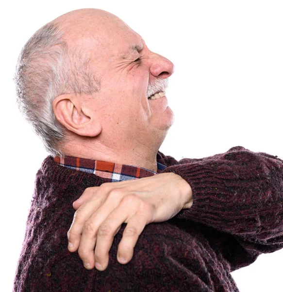 Sjukvårdskoncept Olycklig Senior Man Lider Smärta Över Vit Bakgrund — Stockfoto