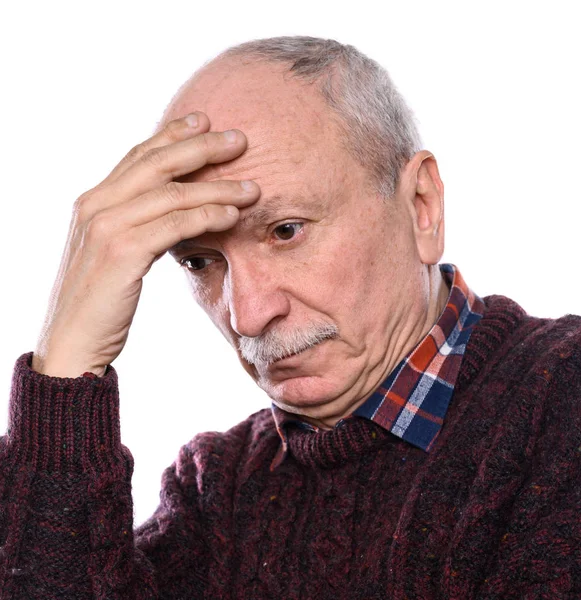 Sad Lonely Elderly Man Posing Studio White Background Thoughtful Senior — Stock Photo, Image