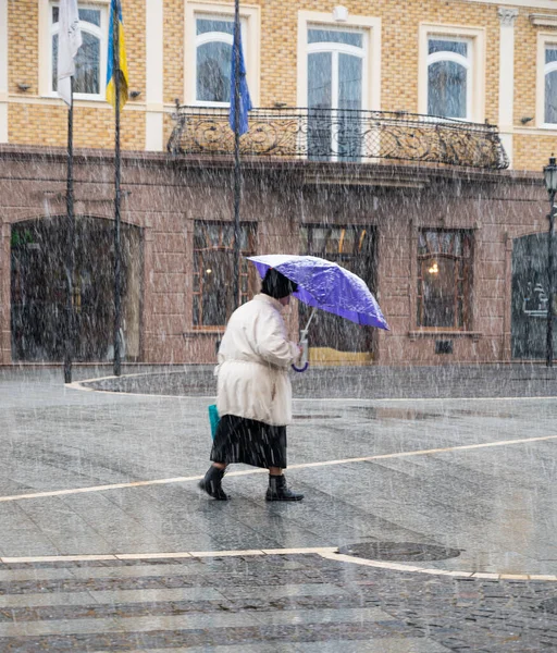 Mujer Con Paraguas Caminando Por Calle Día Lluvioso Desenfoque Intencional — Foto de Stock