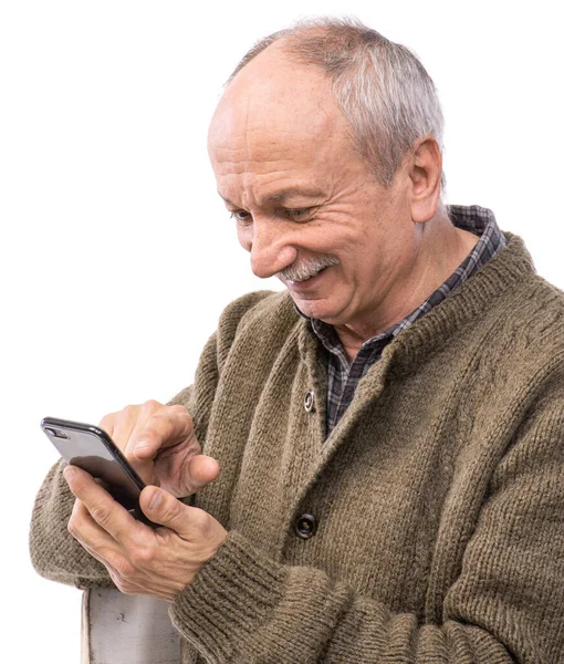Portrait Smiling Senior Man Using Mobile Phone Studio White Background — Stock Photo, Image