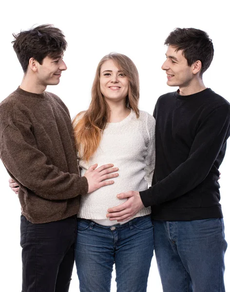 Família Poligâmica Moderna Com Uma Esposa Dois Maridos Jovem Mulher — Fotografia de Stock