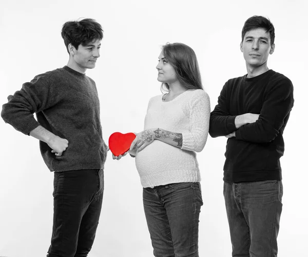 Familia Polígamo Moderna Con Una Esposa Dos Maridos Mujer Embarazada — Foto de Stock