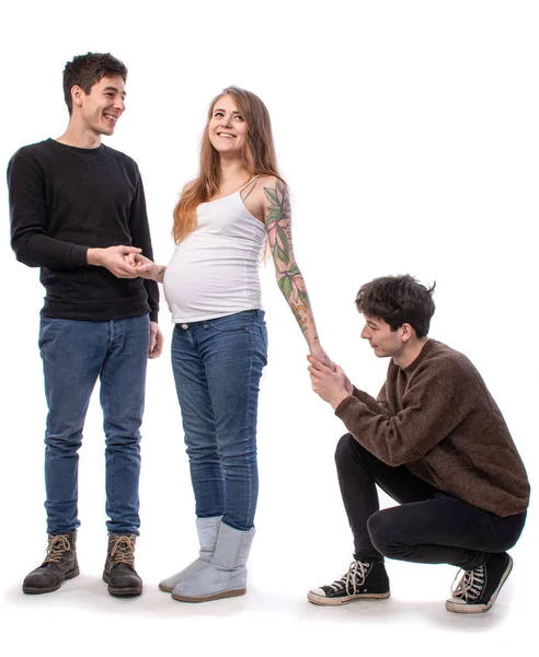 Família Poligâmica Moderna Com Uma Esposa Dois Maridos Jovem Mulher — Fotografia de Stock