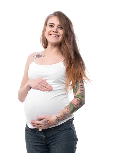 Retrato Estudio Una Hermosa Joven Embarazada Posando Sobre Fondo Blanco — Foto de Stock