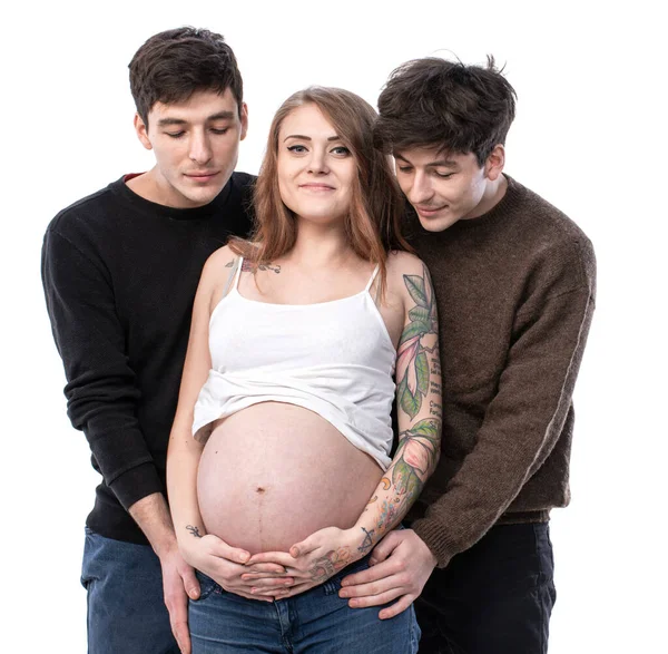 Bir Karım Iki Koca Modern Çok Eşli Ailesiyle Genç Hamile — Stok fotoğraf