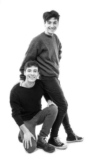 Two Handsome Young Men Posing White Background Twin Brothers — Stock Photo, Image