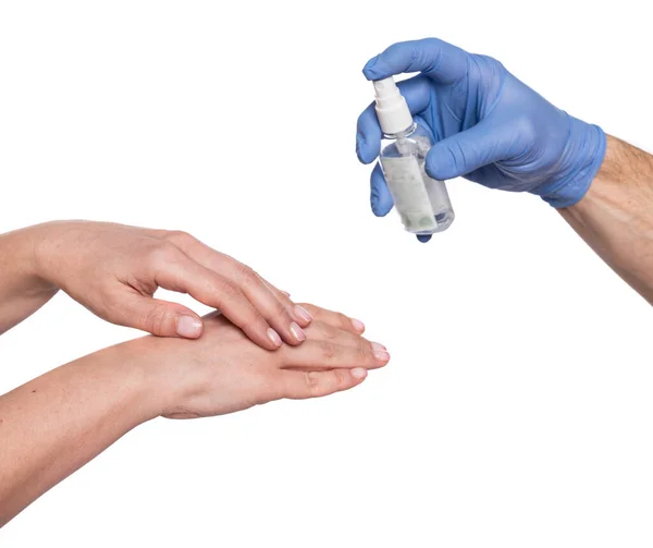 Doutor Luva Azul Protetora Tratando Mãos Dos Pacientes Com Séptico — Fotografia de Stock
