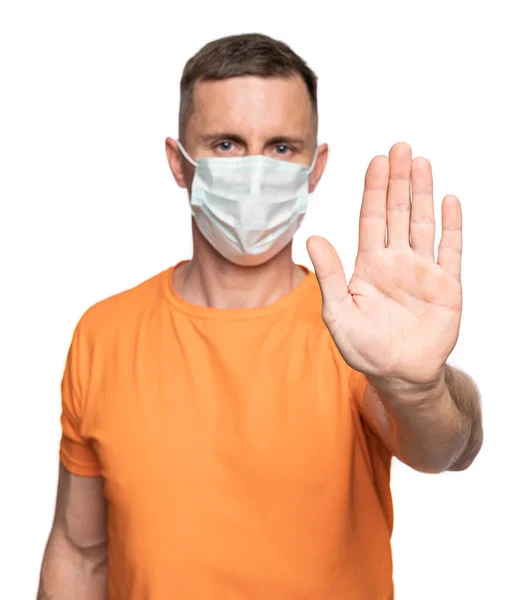 Man Skyddande Hygienisk Mask Gester Stopp Varning För Coronavirus Epidemi — Stockfoto