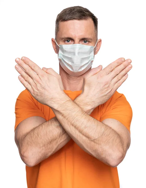 Homem Máscara Higiênica Protetora Gesticulando Parada Alerta Epidemia Coronavírus Infecção — Fotografia de Stock