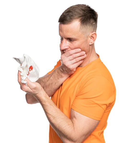 Medicine Healthcare Concept Scared Man Looking Bloody Napkin White Background — Stockfoto