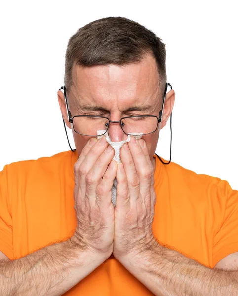 Healthcare Medical Concept Sick Man Paper Napkin Blowing Nose White — Stockfoto