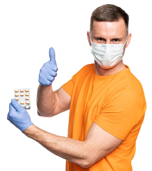 Medicine Healthcare Concept Young Man Mask Protective Blue Gloves Holding — Stock Photo, Image