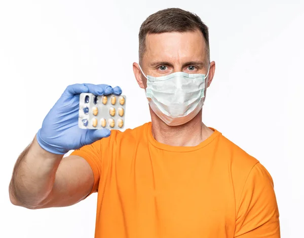 Concepto Medicina Salud Hombre Joven Con Máscara Guantes Azules Protectores —  Fotos de Stock