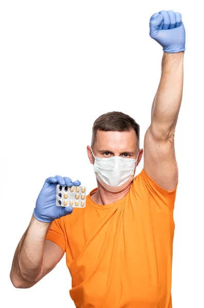 Medicine Healthcare Concept Young Man Mask Protective Blue Gloves Holding — Stock Photo, Image