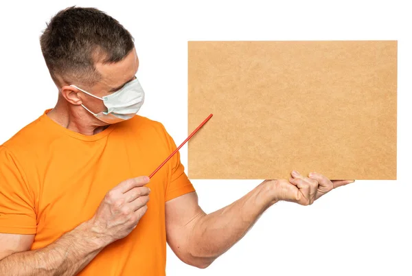 Man Protective Mask Holding Empty Blank Board Place Text Isolated — Stock Photo, Image