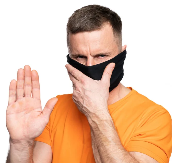 卫生保健和医疗概念 戴防护面罩的男子举手投足 警告感染 呼吸道疾病 Covid — 图库照片