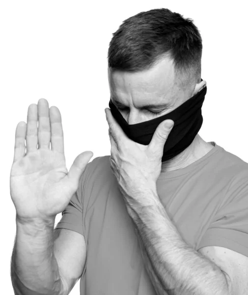 医療と医療の概念 保護衛生マスクジェスチャー停止中の男 コロナウイルスの流行の警告 感染症 呼吸器疾患 インフルエンザ Covid — ストック写真