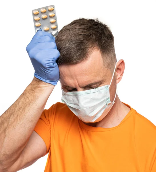 Geneeskunde Gezondheidszorg Man Die Hoofdpijn Heeft Medicijnen Gaat Innemen — Stockfoto