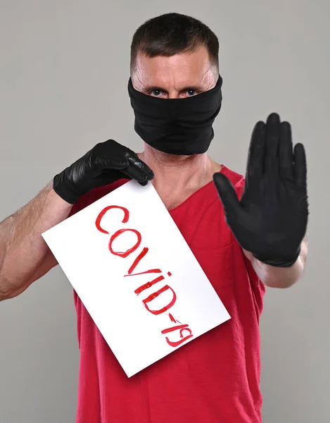 Healthcare Medical Concept Man Protective Hygienic Mask Gloves Gesturing Stop — Stock Photo, Image